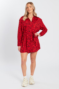 Red Belted Long Sleeves Mini Shirt Dress 