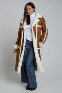Tan And Cream Cosy Faux Shearling Suede Longline Coat