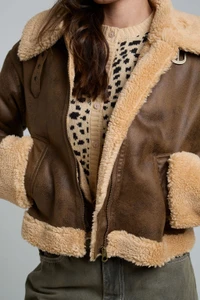 faux shearling boxy aviator jacket in deep tan