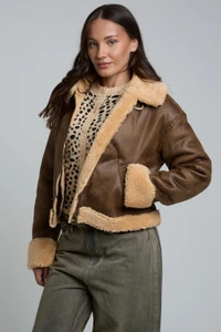 faux shearling boxy aviator jacket in deep tan