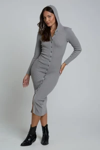 Ribbed Button Through Midaxi Knit Dress In Light Grey