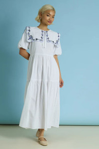 Floral Embroidered Details Puff Short Sleeve Tiered Midi Dress
