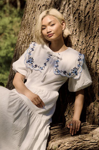 Floral Embroidered Details Puff Short Sleeve Tiered Midi Dress