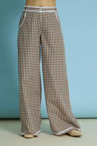 Wide Leg Brown Gingham Cotton Trouser