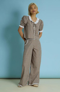 Wide Leg Brown Gingham Cotton Trouser