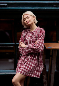 Mia High Neck Textured Check Mini Smock Dress