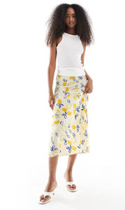 Lemon Print Bias Cut Midaxi Skirt In Yellow