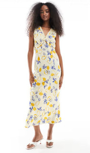 Plunge Front Lemon Print Midaxi Dress In Yellow