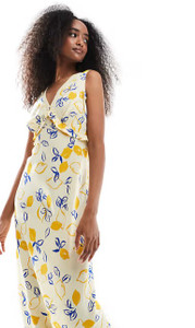 Plunge Front Lemon Print Midaxi Dress In Yellow