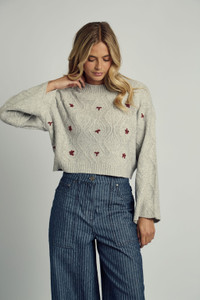 Grey Floral Applique Knitted Jumper