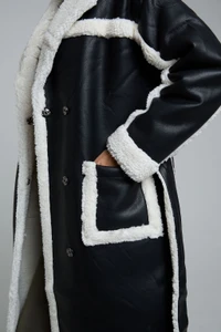 Belted Faux Shearling Midaxi Coat In Black And Cream