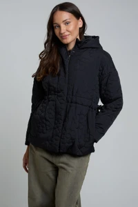 Black Quilted Cinch Waist Puffer Jacket