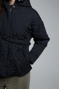 Black Quilted Cinch Waist Puffer Jacket