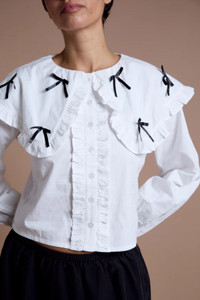 Balloon Sleeve Blouse Bow Trim Detailing To Collar