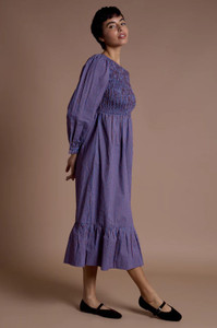 Long Balloon Sleeve Stripe Shirred Body Midi Dress