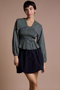 Stripe Shirred Body Balloon Sleeves Blouse