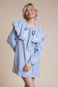 Blue And White Stripe Oversized Frill Collar With Bow Tie Swing Smock Dress