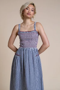 Blue Shirred Ruffle Detail Midaxi Dress