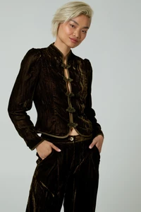 Neon Rose Button up Velvet Military Jacket co-ord in Green 