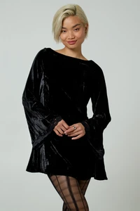 Neon Rose Bell Sleeve Velvet Mini Dress with Lace Trim in Black