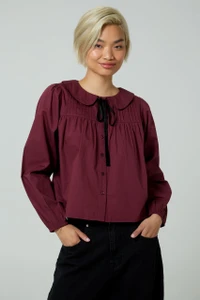 Neon Rose Long Sleeve Blouse with Velvet Tie in Burgundy