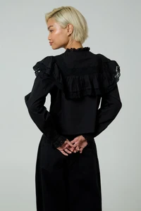 Neon Rose Frill Collar Poplin Blouse in Black