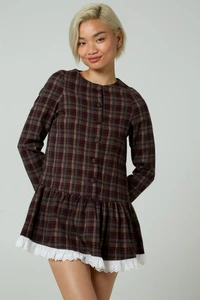 Neon Rose Long Sleeve Mini Dress with Lace Trim in Burgundy Check