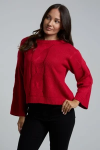Red Cable-Knit Long Sleeves Jumper