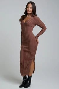Chocolate Rib knit Collar detail Midaxi Dress