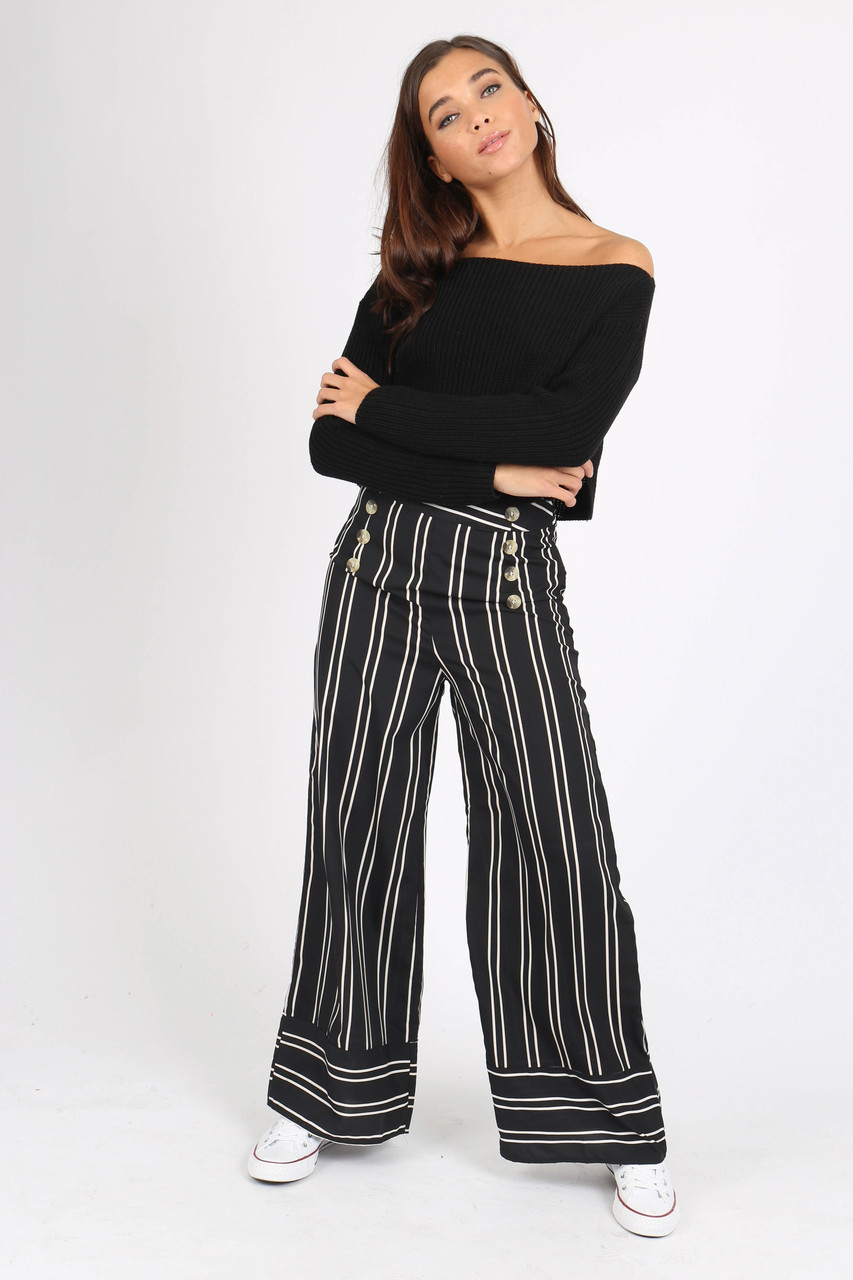 black and white striped wide leg trousers