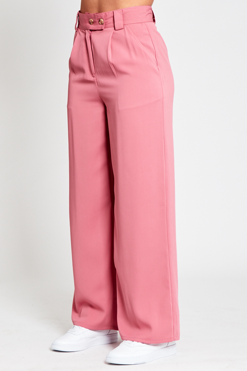 High Waisted Wide Leg Trouser With Self Fabric Tab And Double Button ...