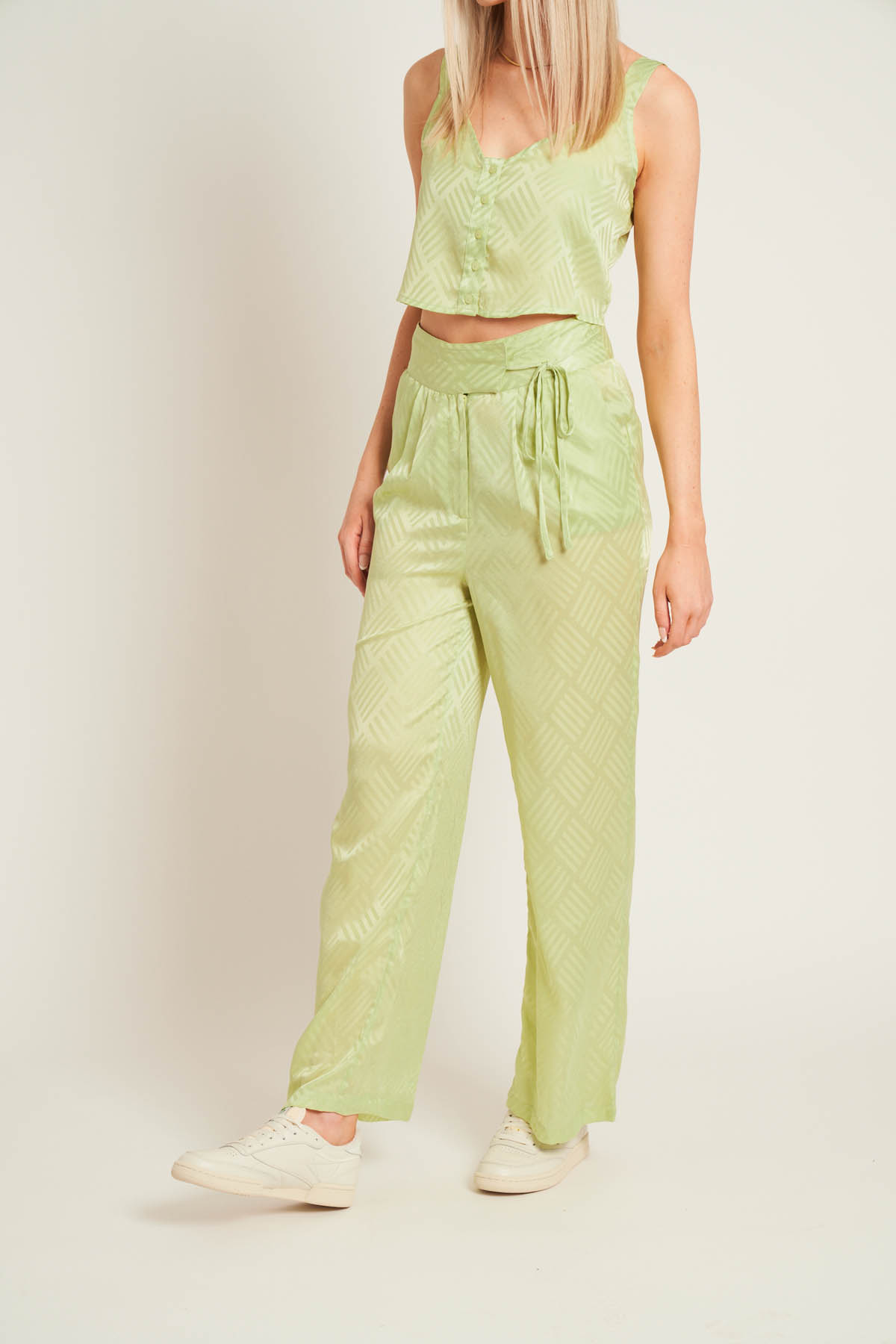 Satin Geo Jacquard Trousers With Tie Detail