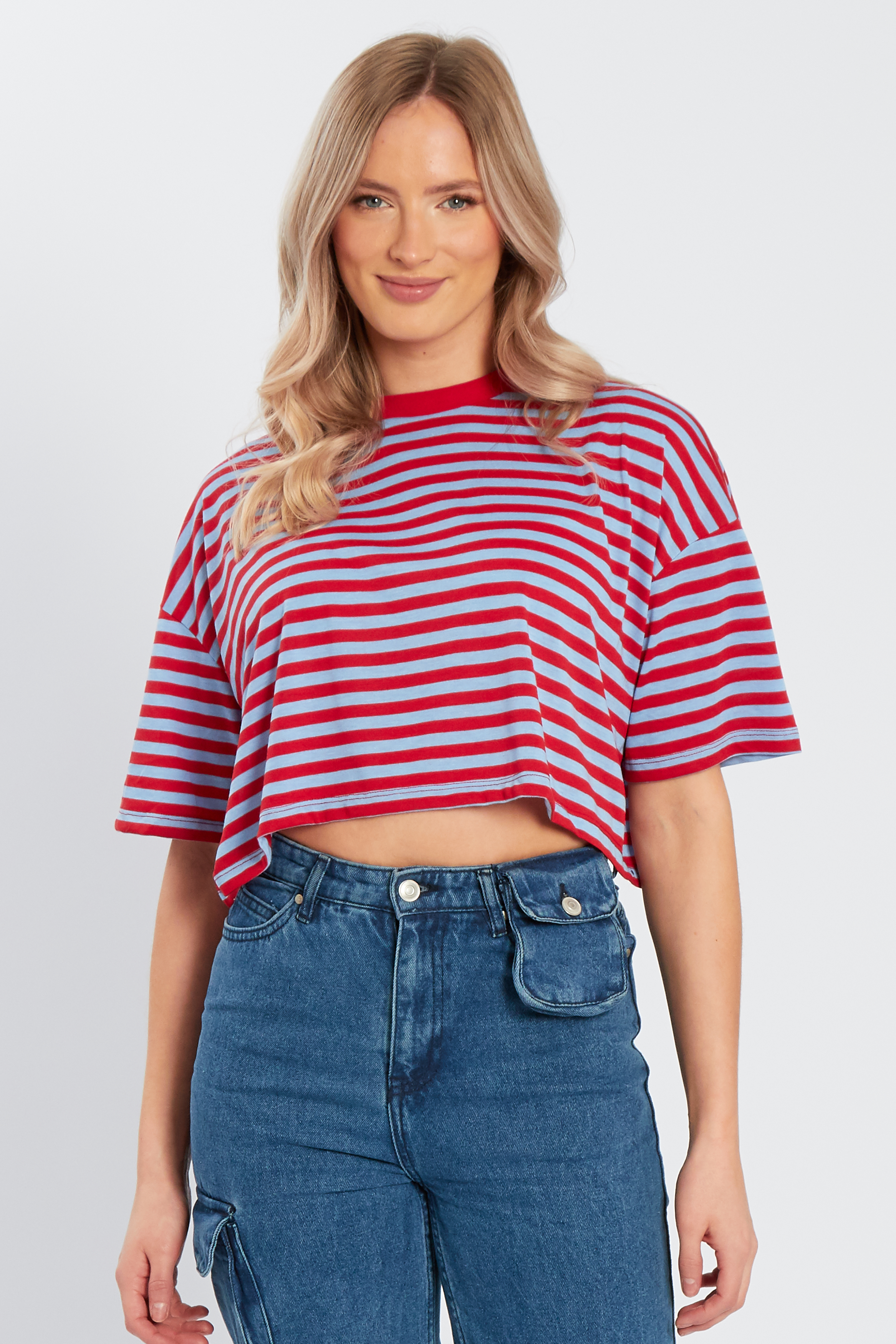 Blue Red Stripe Short Sleeves Crop T-Shirt