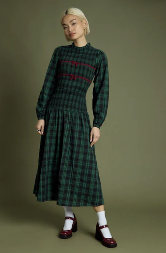 Midi green and navy tartan check print full shirred body dress