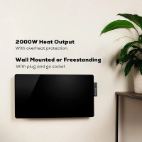 TCP 2000W black glass panel heater with side control panel and digital LED display