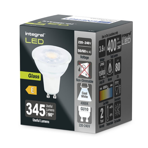 Integral 3.6w 220-240v 400lm Glass LED GU10 4000k Cool White Non-Dimmable 36 Degree Beam ILGU10NE084