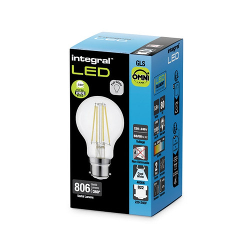 Integral 5.9w 220-240v 806lm LED GLS B22 4000k Cool White Non-Dimmable 320 Degree Beam Clear ILGLSB22NE127