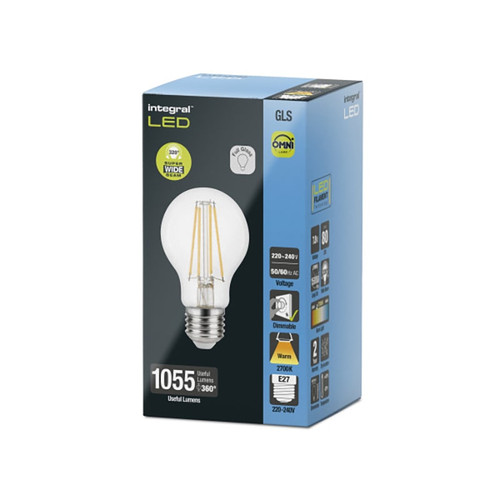 Integral 7.8w 220-240v 1055lm LED GLS E27 2700k Warm White Dimmable 330 Degree Beam Clear ILGLSE27DC124 Integral 7.8w 220-240v 1055lm LED GLS E27 2700k Warm White Dimmable 330 Degree Beam Clear ILGLSE27DC124