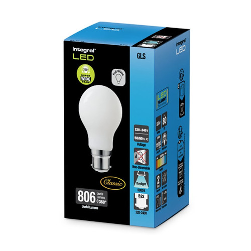 Integral 7.3w 220-240v 806lm LED Classic GLS B22 5000k Daylight Non-Dimmable 320 Degree Beam Frosted ILGLSB22NF091