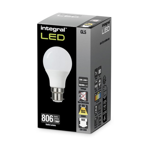 Integral 7w 220-240v 806lm LED GLS B22 3000k Warm White Non-Dimmable 240 Degree Beam Frosted ILGLSB22ND150