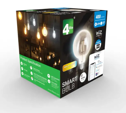 4Lite WiZ Connected SMART LED WiFi Filament Bulb 6.5W E27 G125 Globe Clear Smoky 125mm - 4L1/8019
