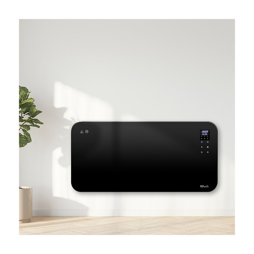 SMARADGBL2000UK smart glass panel heater mounted on wall — sleek tempered glass front