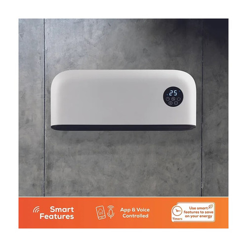 Modern interior showing TCP Smart WiFi downflow heater with energy-efficient ceramic technology