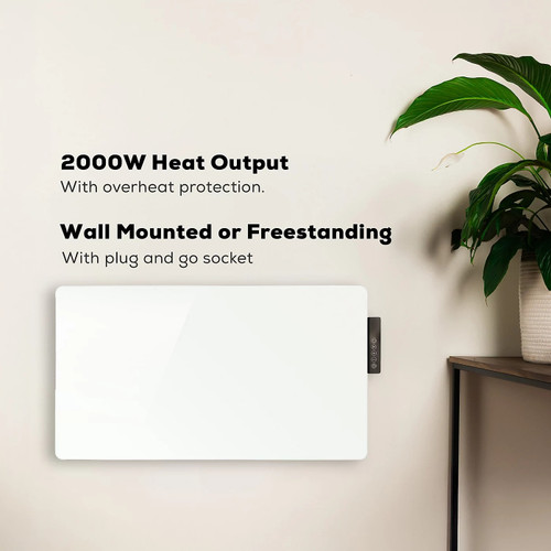 Wall-mounted TCPRADGWH2000WSPG07 2000W glass panel heater in sleek white finish