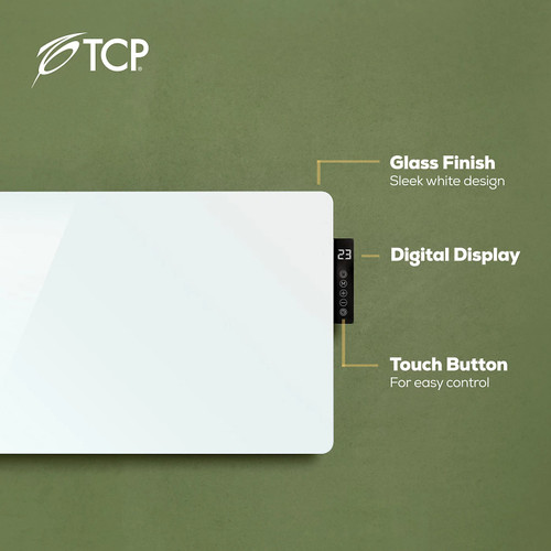 Wall-mounted TCPRADGWH2000WSPG07 2000W glass panel heater in sleek white finish
