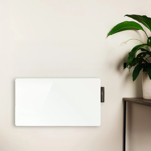Wall-mounted TCPRADGWH2000WSPG07 2000W glass panel heater in sleek white finish