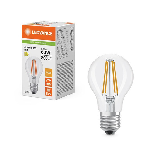 LEDVANCE Classic A 5.9W E27 2700K Clear LED Filament GLS Dimmable