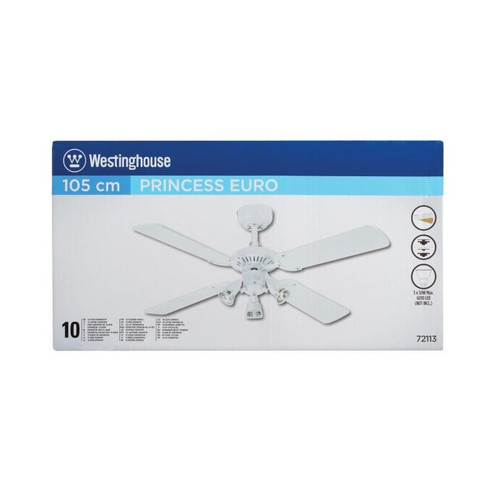 Westinghouse Princess Euro 105cm Indoor Ceiling Fan – White Finish, Reversible White/Beech Blades, Spot Lights 72113