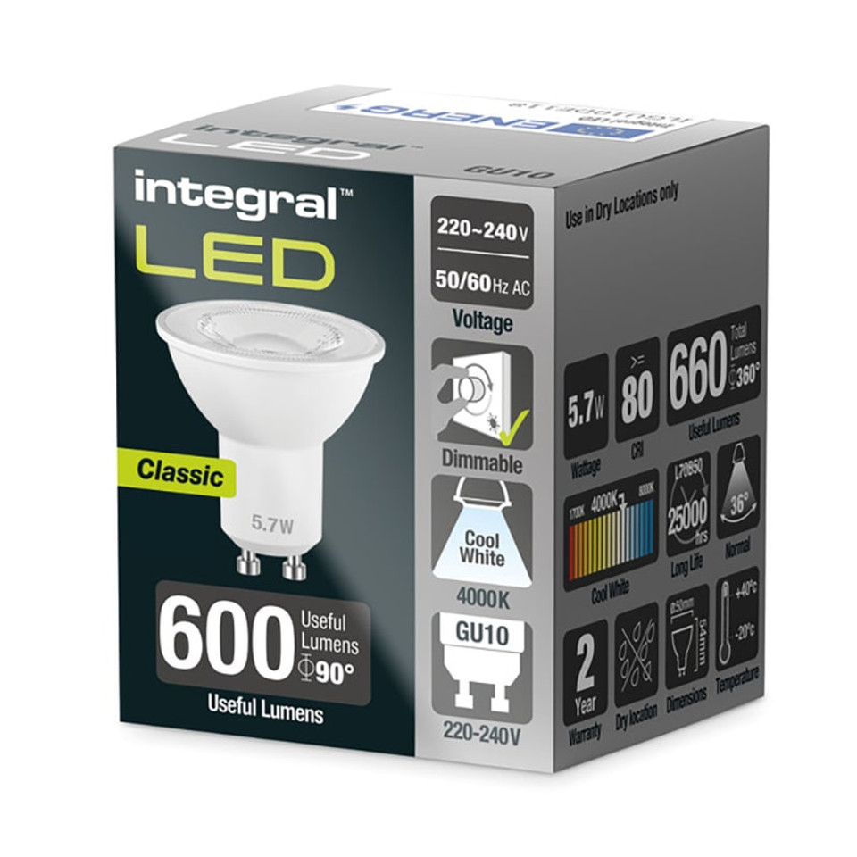 Integral 5.7w 220-240v 660lm LED Classic GU10 4000k Cool White Dimmable 36 Degree Beam ILGU10DE118 Integral 5.7w 220-240v 660lm LED Classic GU10 4000k Cool White Dimmable 36 Degree Beam ILGU10DE118
