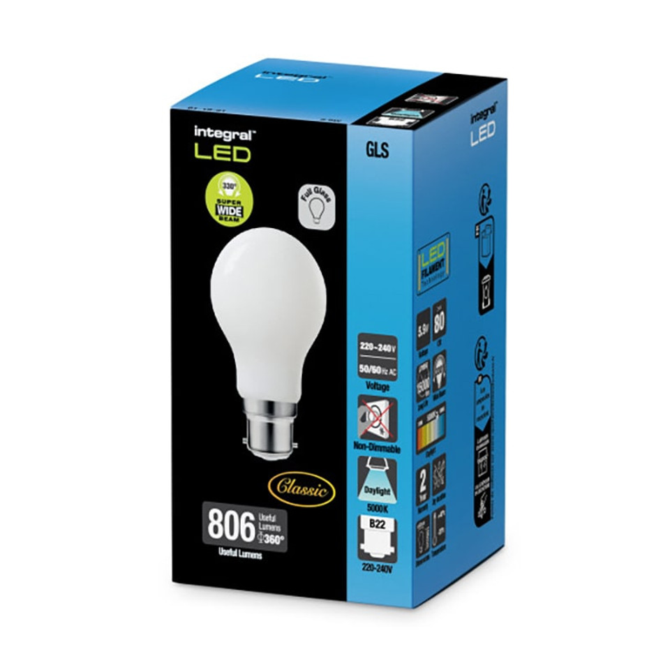 Integral 7.3w 220-240v 806lm LED Classic GLS B22 5000k Daylight Non-Dimmable 320 Degree Beam Frosted ILGLSB22NF091